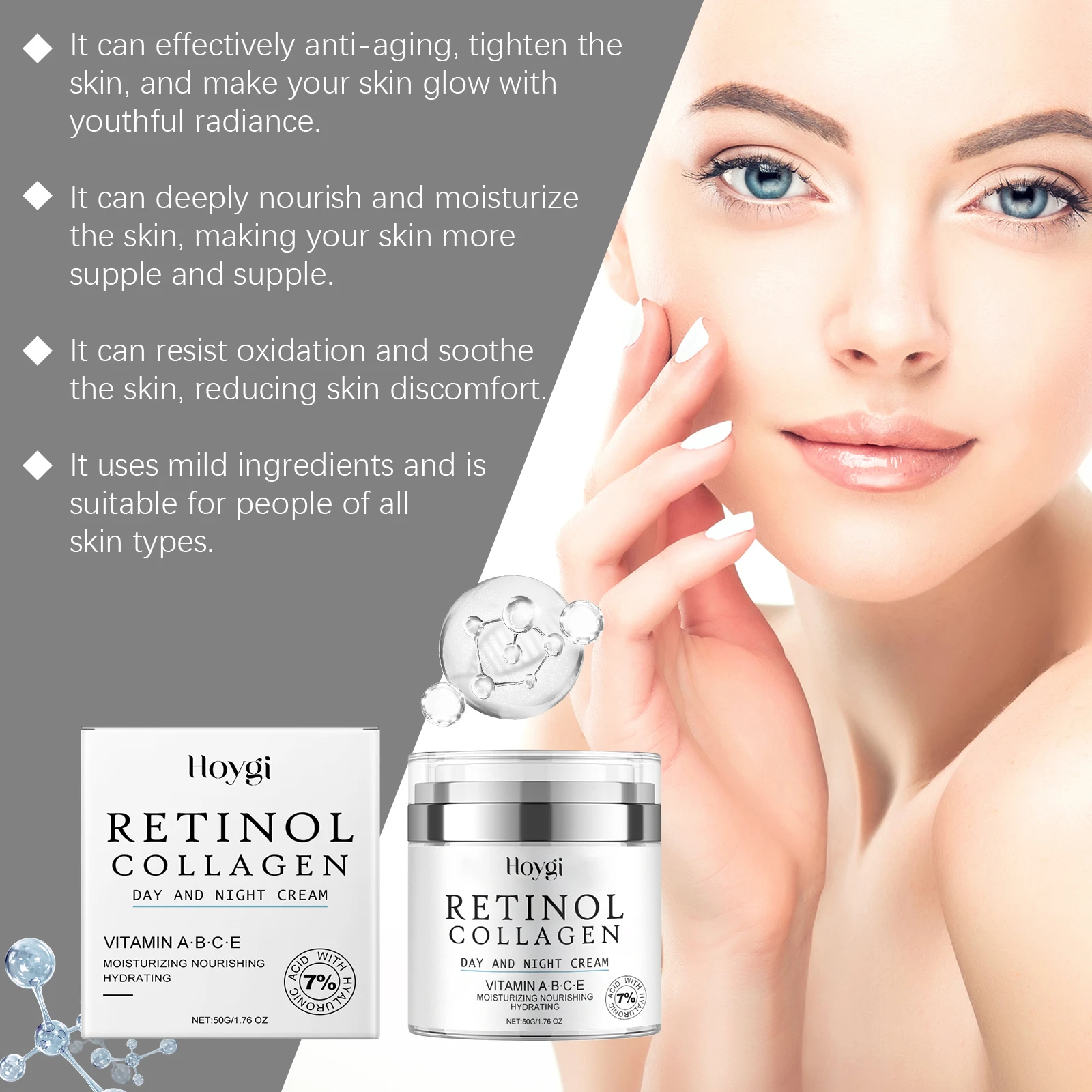 Hoygi Retinol Face Cream Moisturizing Enhance Smoothness Relief Dryness Glowing Improve Skin Elasticity Day and Night Face Cream
