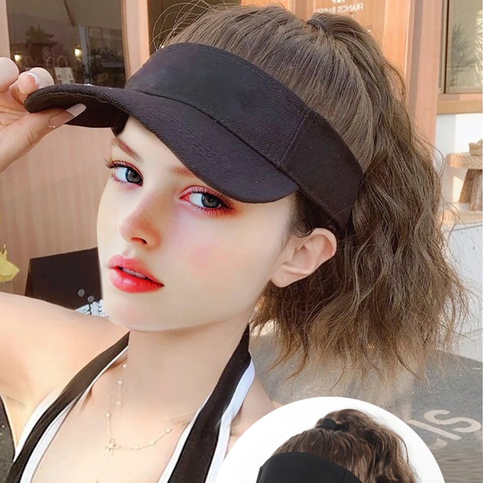 Synthetic Water Wave Ponytail Extensions wiht Hat Sun protection sports Baseball Cap All-in-one Hat Wig Adjustable size