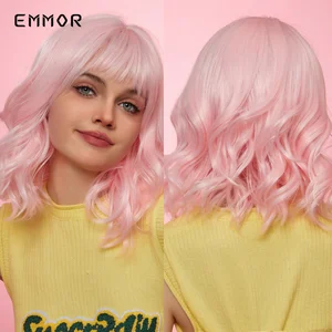 Emmor Short Wavy Light Pink Synthetic Wigs Barbie Pink Daily Natural Hair Wigs With Bangs Cosplay Wig for Women Heat Resistant