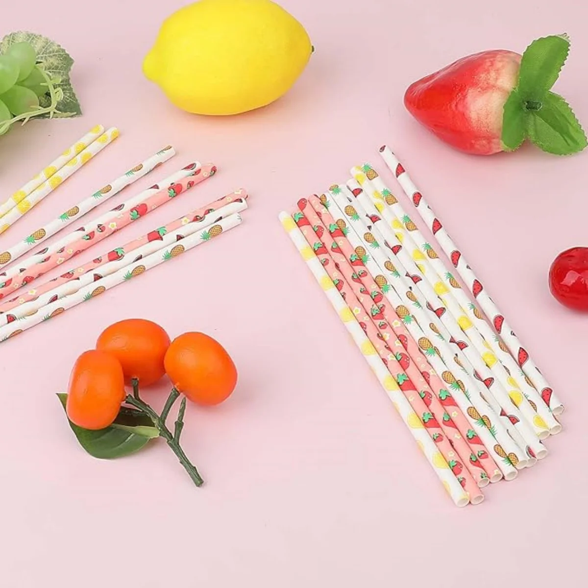 100pcs Paper Straws Fruit Pattern Drinking Straws Strawberry Pineapple Orange Paper 7.75 Inches Hawaiian Party Drinking disposable paper straws