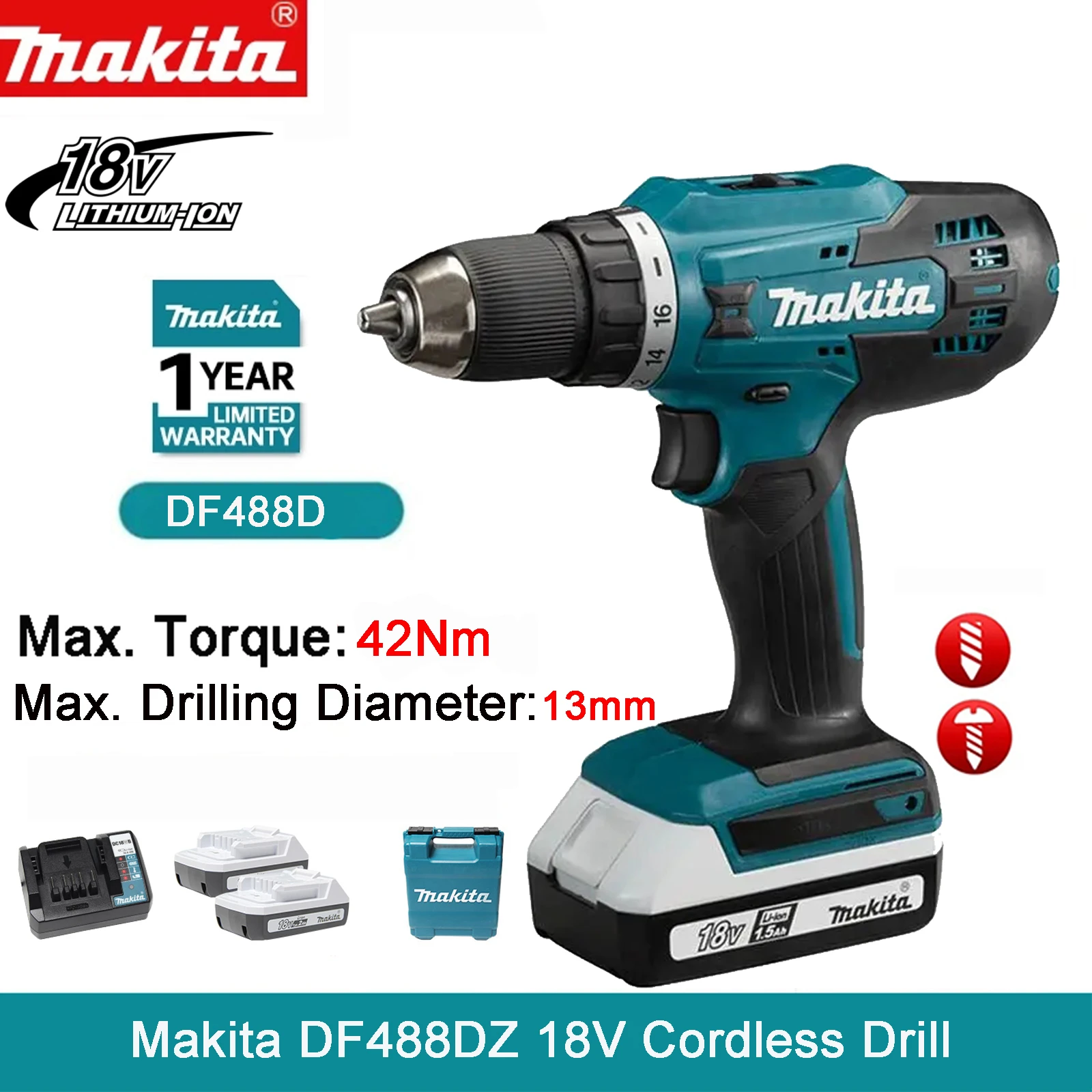 Collectief Overleven Afhankelijk Makita DF488D 18V Accuschroefboormachine 2 Speed 2 IN1 Elektrische Boor,  Schroevendraaier 42Nm Koppel, 230W Power Tool Met 2.0ah Batterij| | -  AliExpress