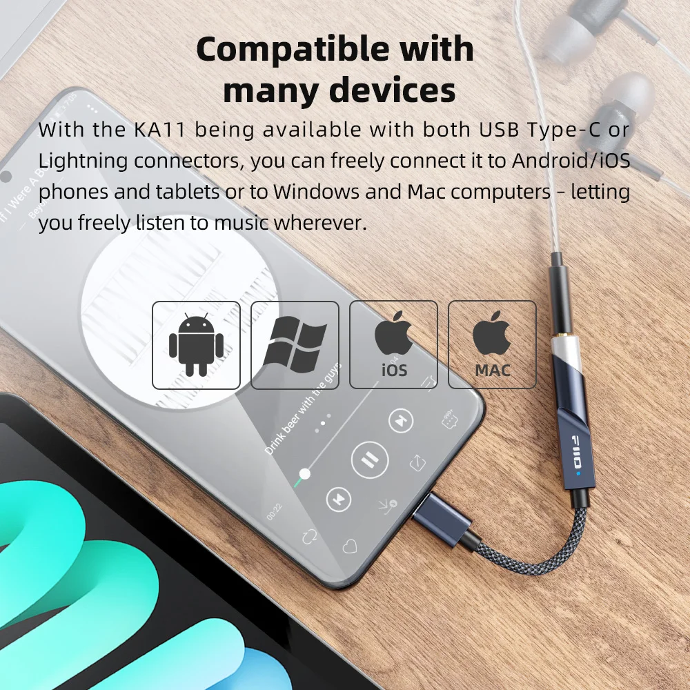 FiiO/JadeAudio KA11 Type C/Lightning to 3.5mm Audio Adapter 32bit/384KHz USB Dongle HiFi DAC Amplifier for Android/iOS/Win
