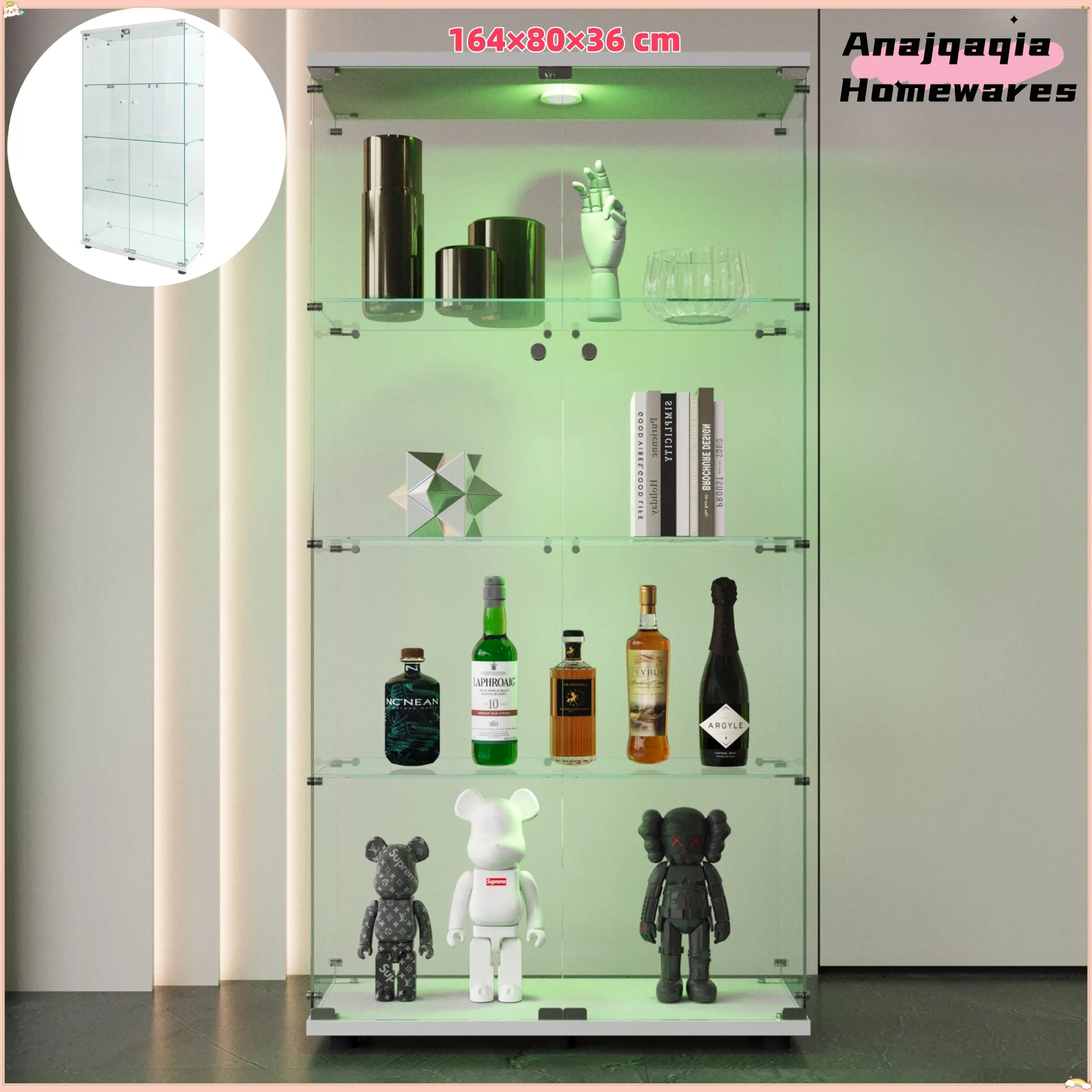 Anajqaqia 4 Layers 2 Door Glass Display Cabinet, 164×80×36 cm，with Light and Lock, Floor Standing Glass Storage Cabinet, White