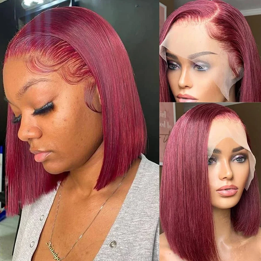 Burgundy 99J Short Bob Wigs Straight Human Hair 13x4 Lace Front Human Hair Wig Bone Straight Wig 100% For Women