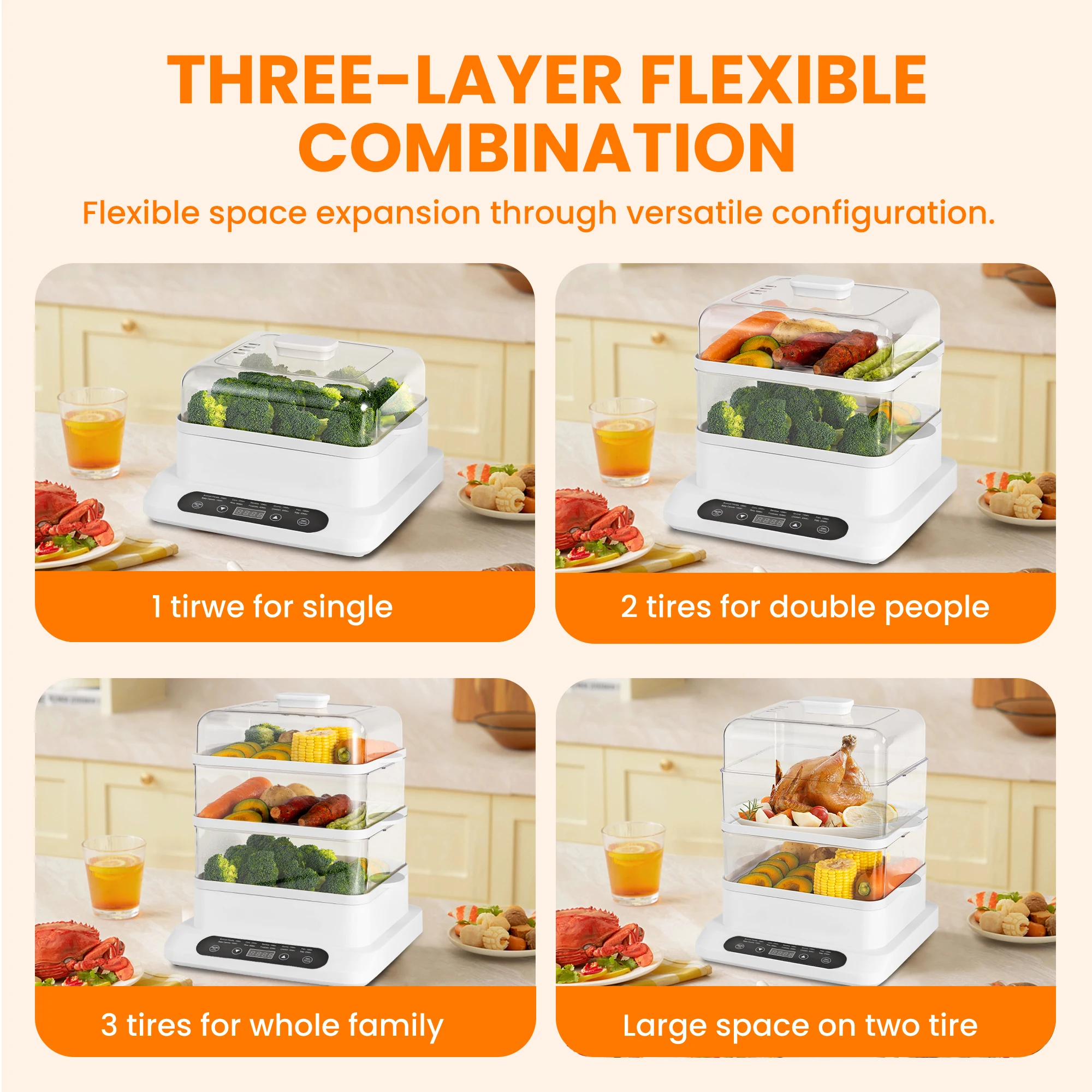 Food Steamer 3 Tier 16QT Electric Vegetable Steamer with Keep Warm and Timer Multifunctional Digital Steamer (800W) 3