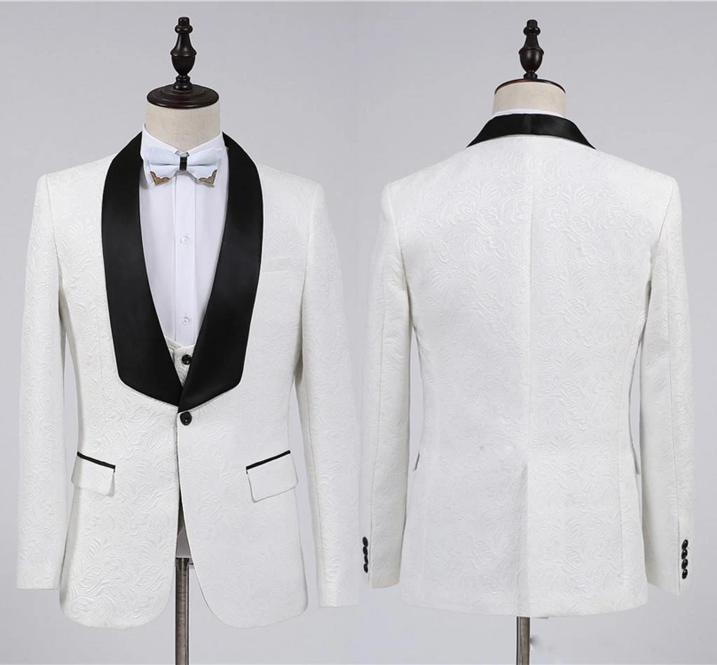 White Men Suits Black Shawl Lapel 2022 Fashion Wedding Prom Blazer Sets