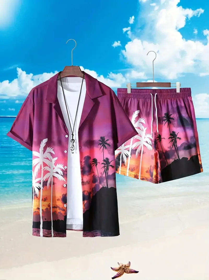 New Men's Street Style Beach Casual Set Coconut Tree Print Button Up Lapel Shirt Comfy Drawstring Shorts Pop Clothing For Man