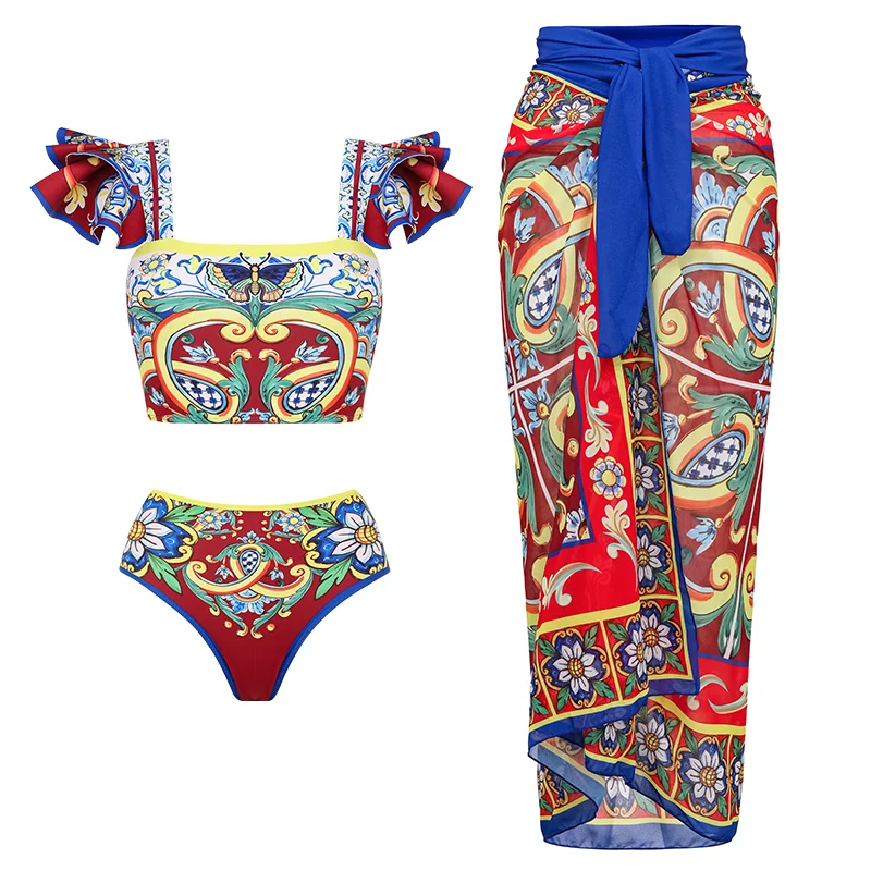 Women Printed One Piece Swimsuit and Skirt  Swimwear Push Up bikini set two pieces Summer Bathing Suit Monokini
