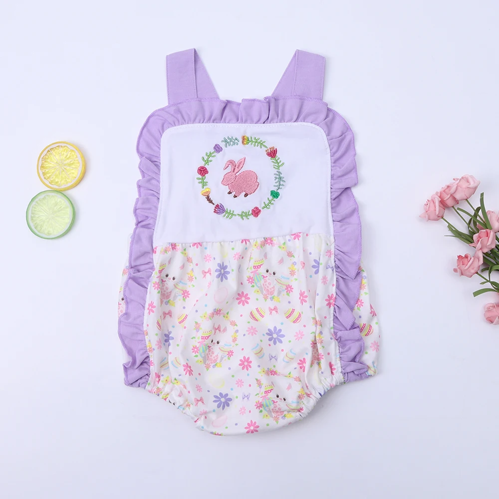 

2023 Easter New Design Rabbit Bubble Jumpsuit Fashion Newborn Strap Floral Romper Cute Print Hidden Button Onesie For 0-3T Kids
