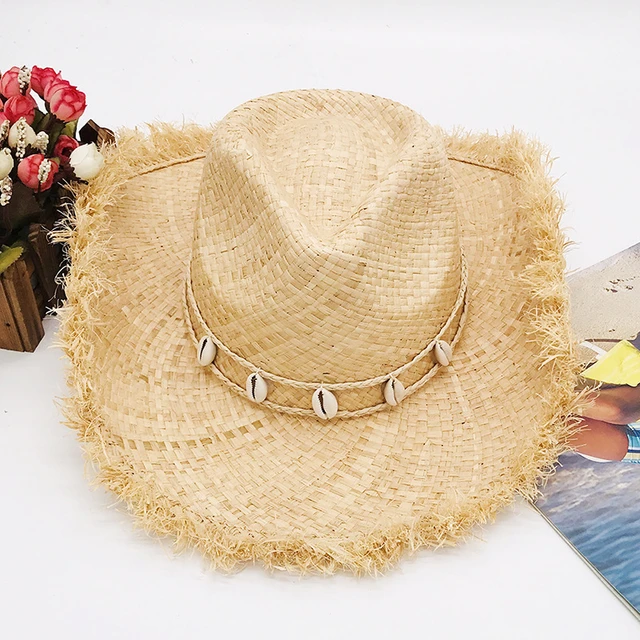 Fringed Wide Brim Straw Hat with Shell Band Panama Hat Cowboy