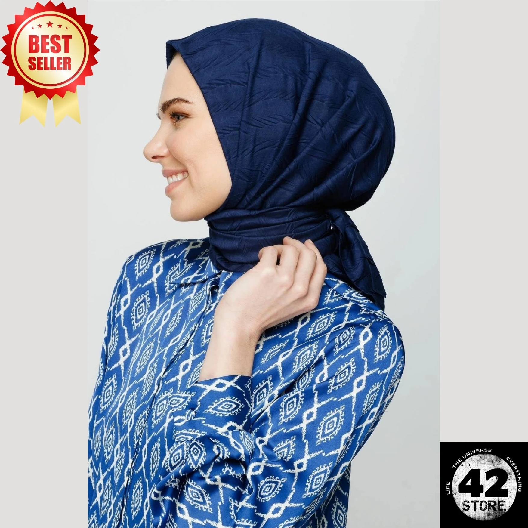 No Ironing Required, Can Be Used Without A Cap, Comfortable, Trendy Pleated Navy Blue Bamboo Scarf