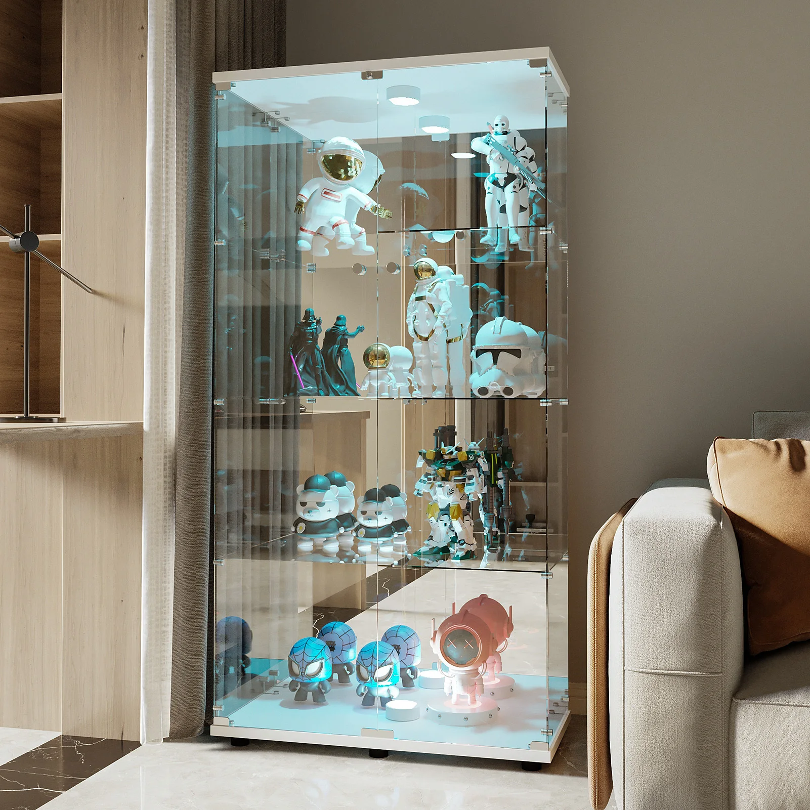 Anajqbug astics-Vitrine en verre, armoire collectrice blanche à 4 étagères avec éclairage LED pour le salon
