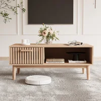 Superaly, table basse en rotin, table d'appoint pour canapé, table basse rectangulaire pour le salon, table basse avec tiroir et compartiment de rangement, armoire de salon, couleur naturelle 2