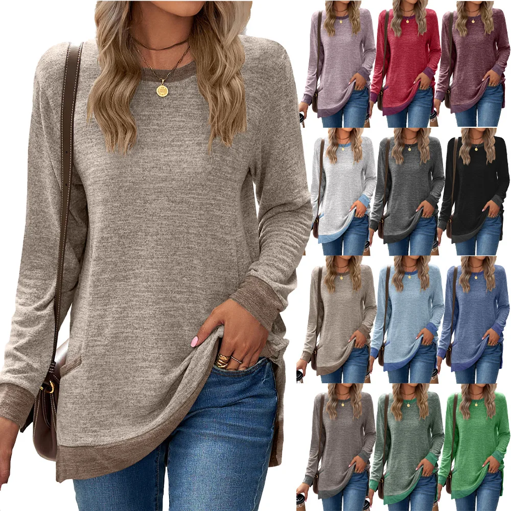 blouse for women 2023 autumn winter sexy v neck tops pullover ladies long sleeve contrast sequin buttoned casual loose shirt Loose Ladies Long Sleeve Blouse T-Shirt Solid Color Spring Autumn Female Women's Clothing O-Neck Pullover Shirt Tops Plus Size