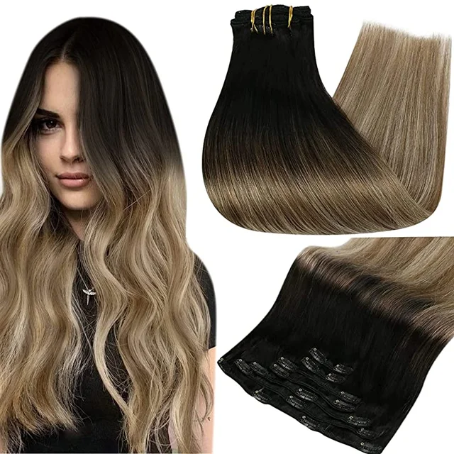 Full Shine Clip In Human Hair Extensions Balayage Ombre Blonde Black Hairpins 7pcs 120g Double Weft 100% Machine Remy For Woman 1B 8 22