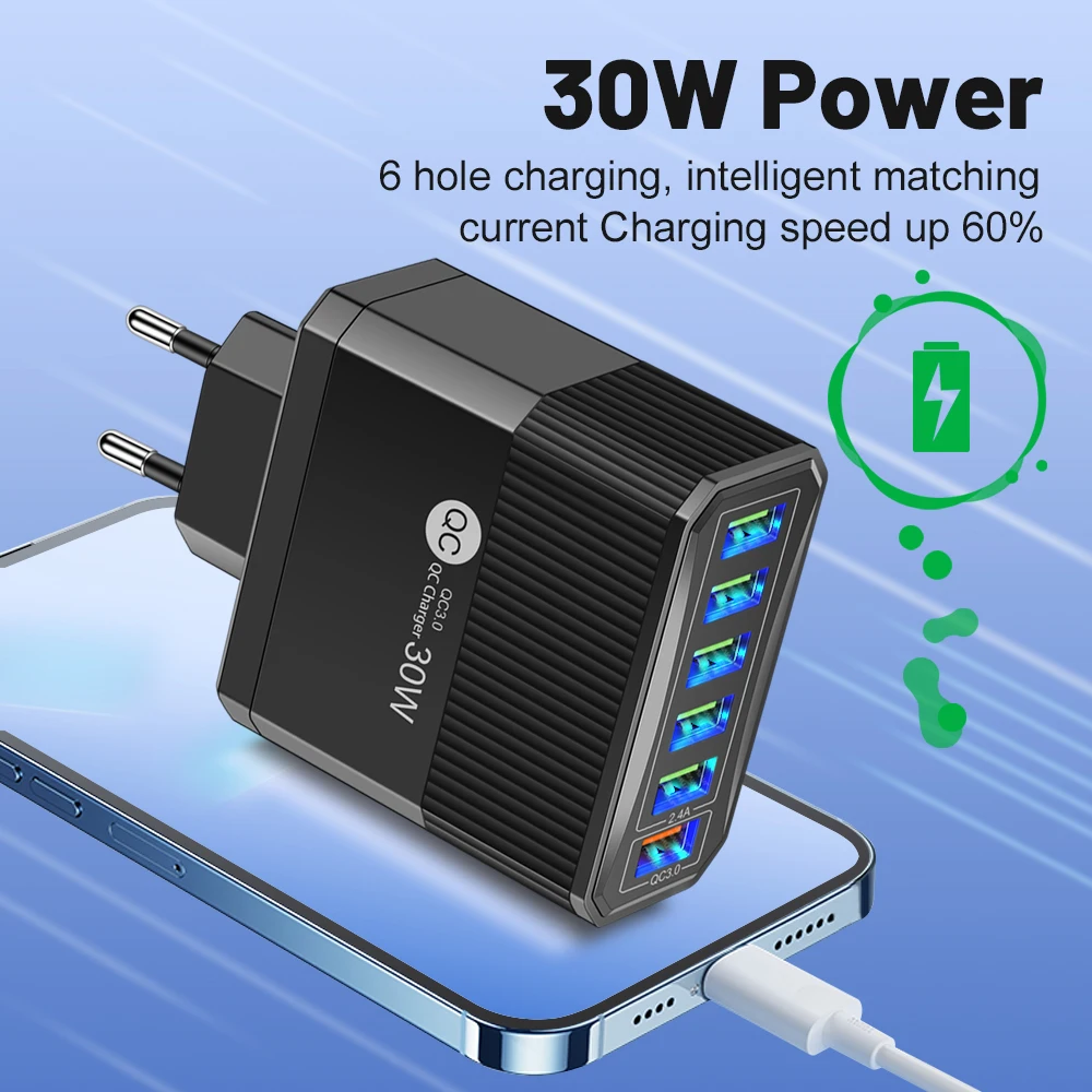 USB Charger 30W Fast Charger for iPhone 15 16 Pro Max Xiaomi 14 Oneplus Samsung 6 Ports Travel Plug Phone Fast Charging Adapter