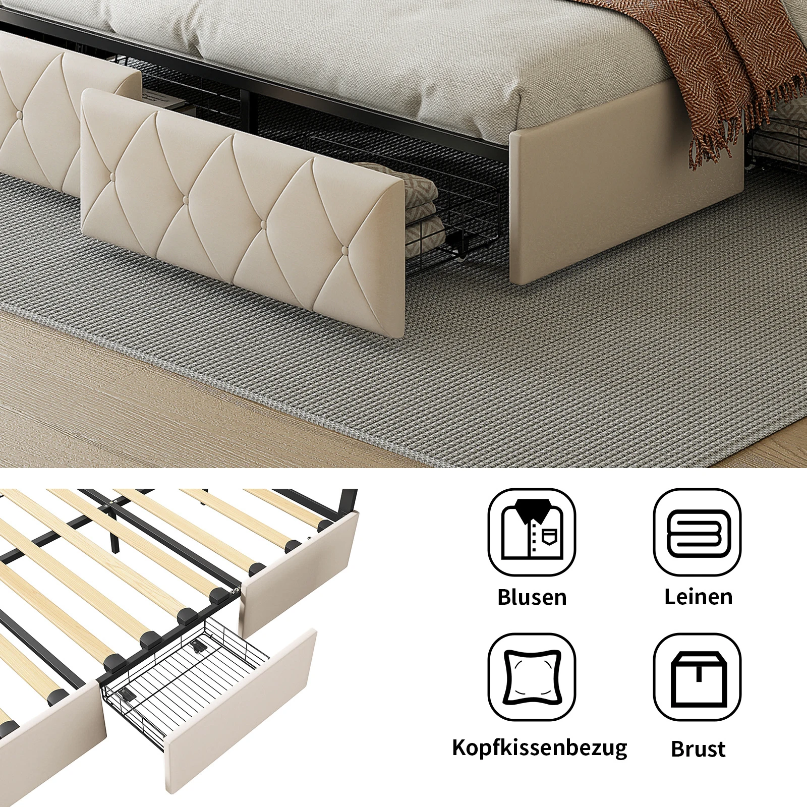 Superaly 160x200cm gepolstertes Doppelbett, Jugendbett, Stauraumbett mit verstellbarem Kopfteil, 4 Schubladen und LED-Beleuchtung, PU – Detail 8