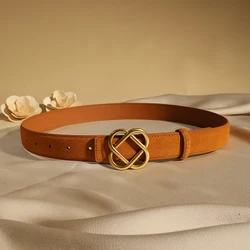 Vintage Style Suede Cowhide Belt with Retro Golden Buckle, 2.8cm Wide - 100cm (Brown B)