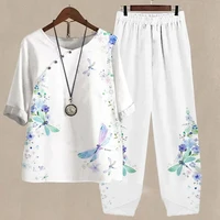 Ladies Elegant Vintage Suit Butterfly Print White Two Piece Set Casual Female Loose Outfits O Neck Short Sleeve Shirt With Pants - Image 3