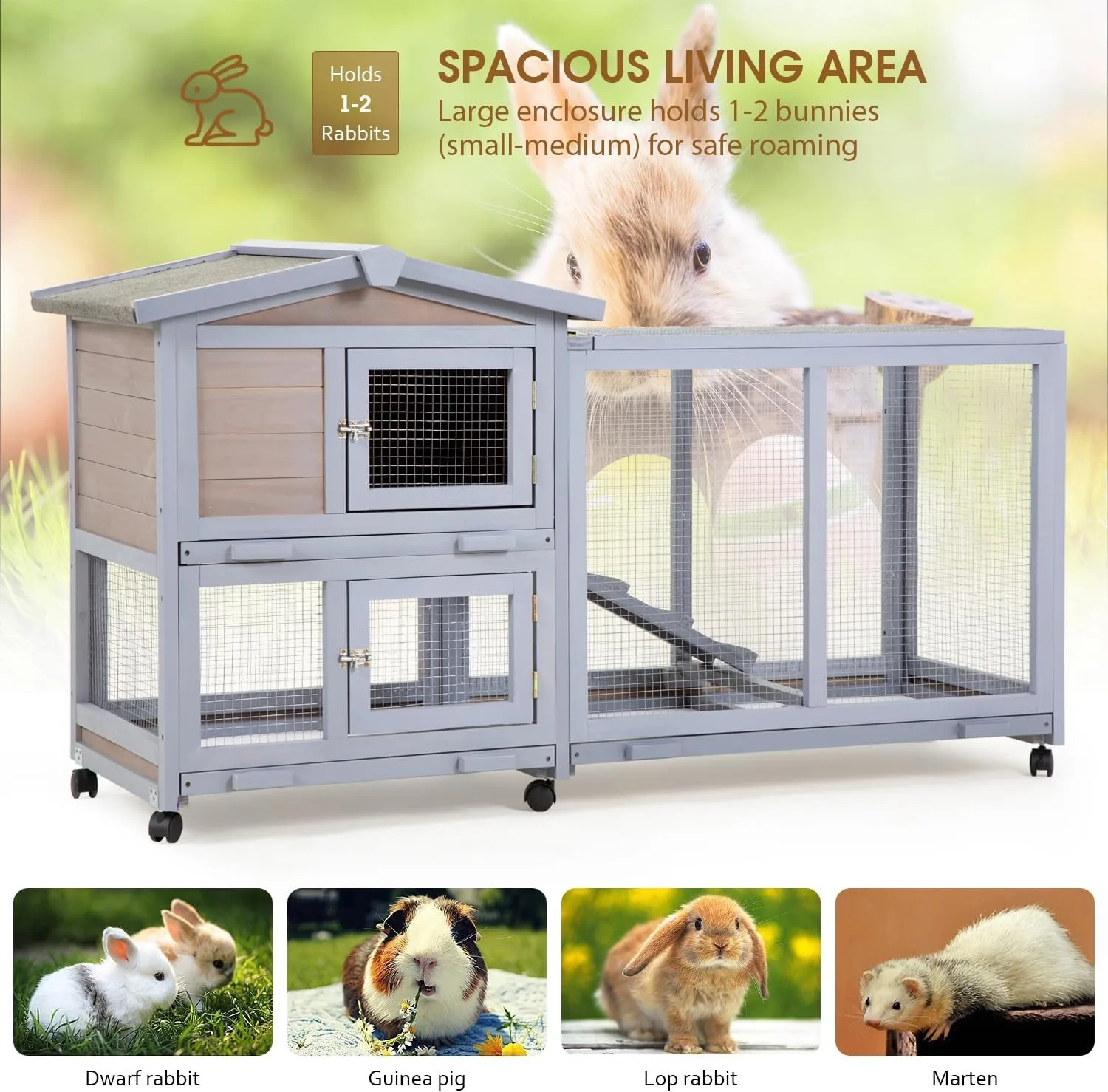 Two-level wooden rabbit hutch with wheels