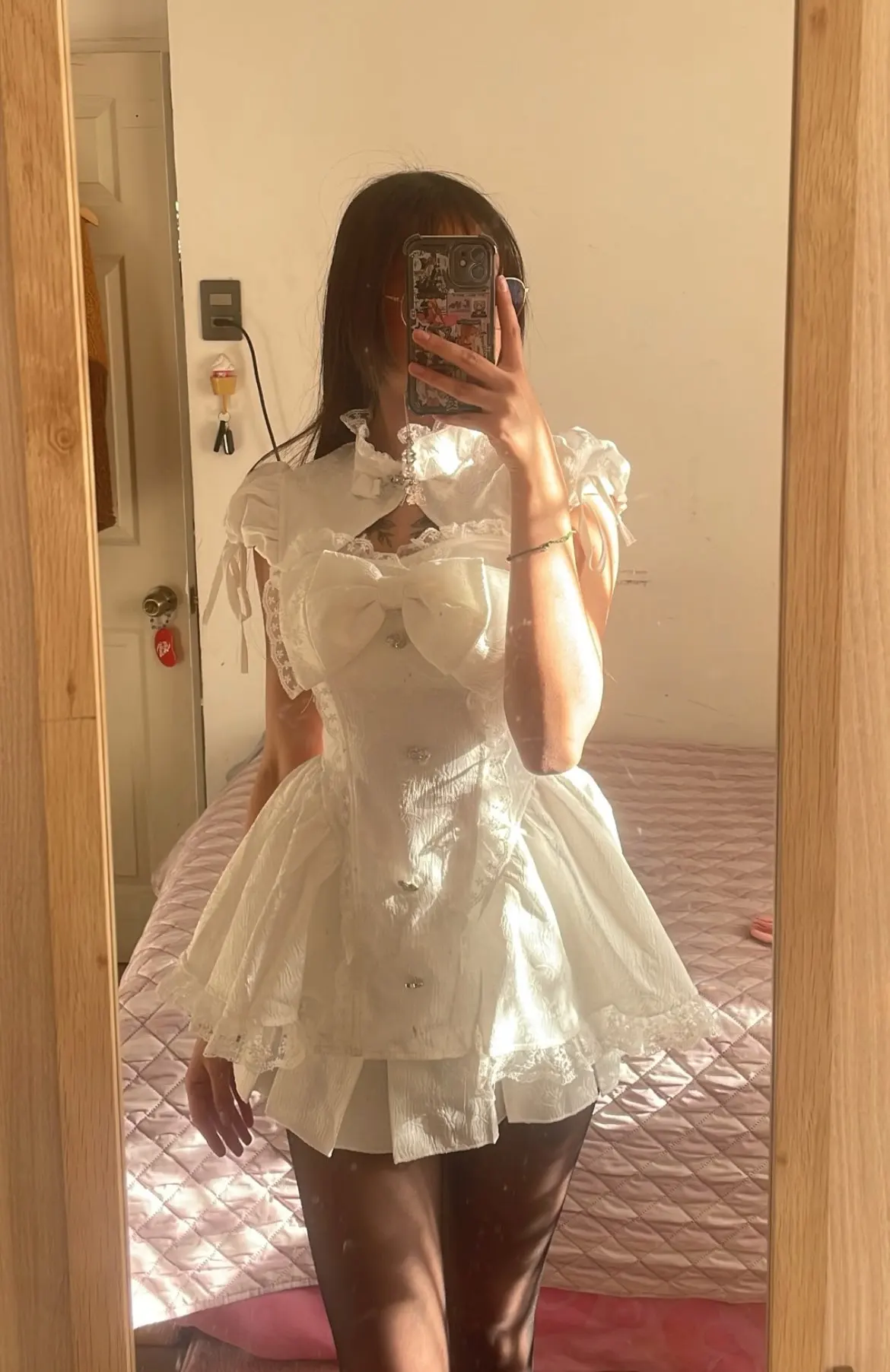 Spring Y2K Princess Outfits Women 2 Piece Sets Sweet Kawaii Bow Tops + Lace Pleated Skirt Female Retro Chic Preppy Style Clothes photo review