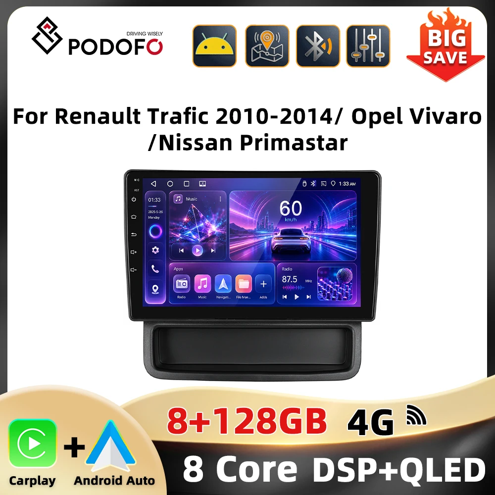 Podofo 2Din 10'' Radio de coche para Renault Trafic 2010-2014/Opel Vivaro/Nissan Primastar Reproductor Multimedia GPS WIFI DSP Carplay Android Auto BT Audio para coche 1