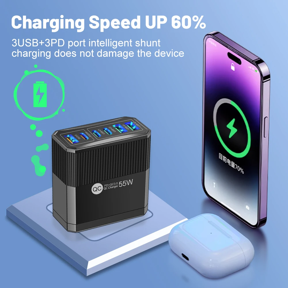 55W Fast Charging Charger 6Ports USB Type C Charger For Samsung A23 S23 iPhone 15 14 Xiaomi Tablet Portable Wall Mobile