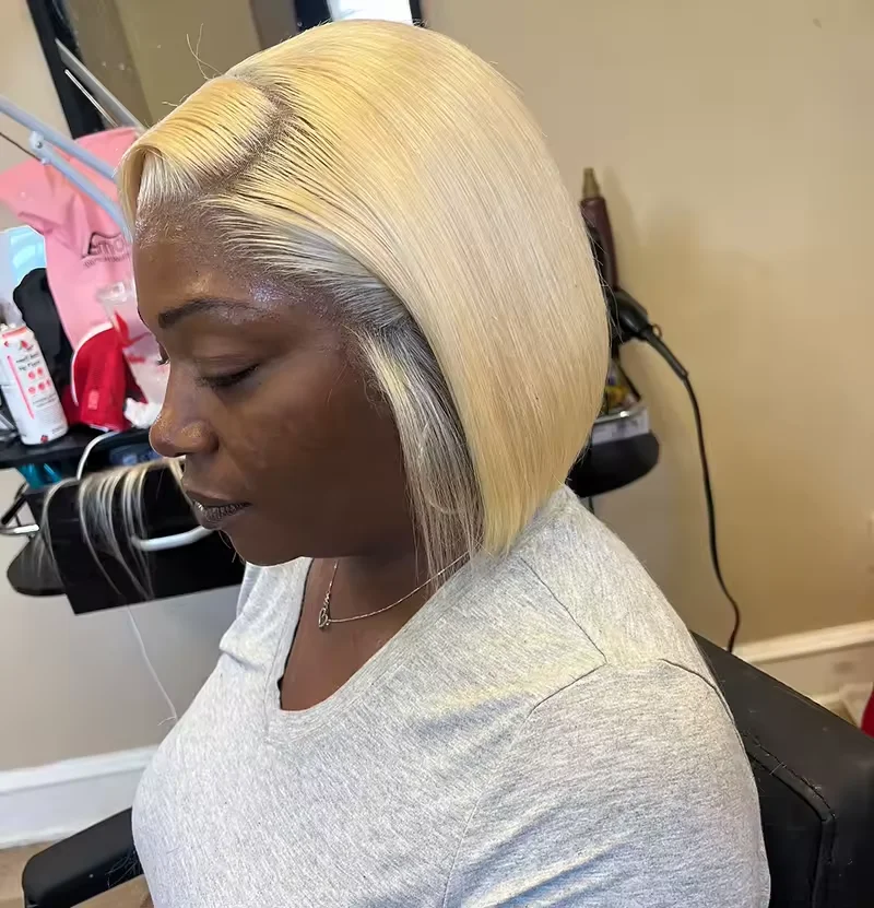 613 Blonde kurze Bob-Perücke, 250 % Dichte, transparente Spitzenfront, 100 % Echthaar-Perücken, gerade, 13 x 4 farbige Spitzenfront, vorgezupft – Detail 19