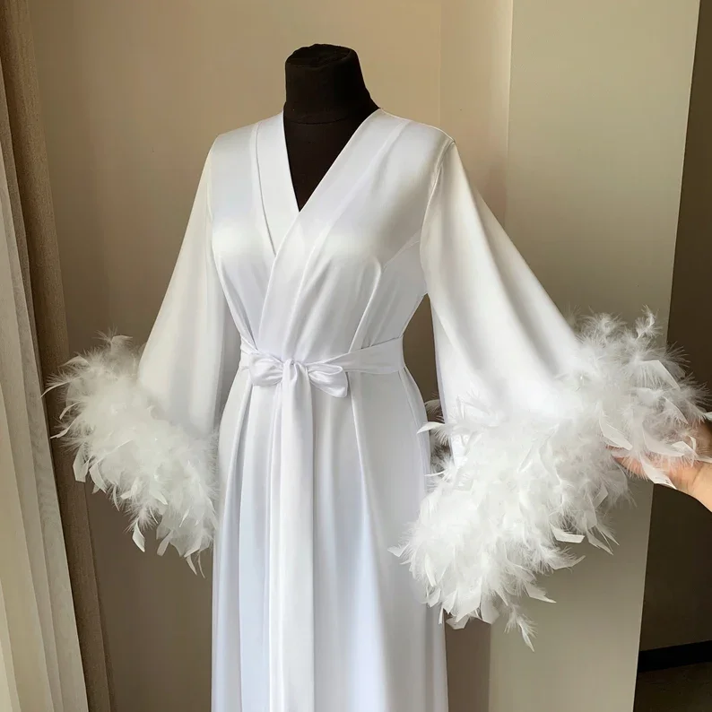 Floor Length Maxi Dressing Gown Robes Long Bridal Robe with Feathers Boudoir Bridesmaid Gifts Satin Feather Trim Bride Kimono
