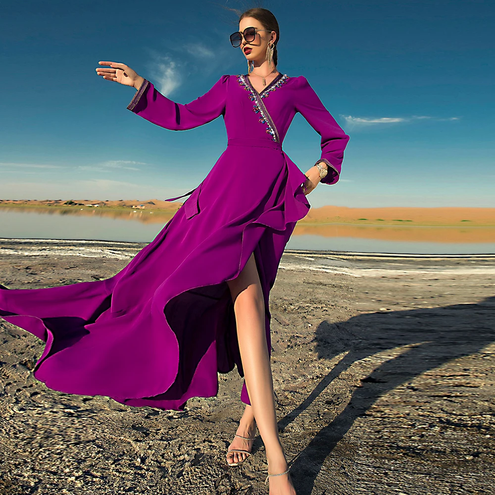 BA7069 new rose purple ruffle diagonal seam drill dress