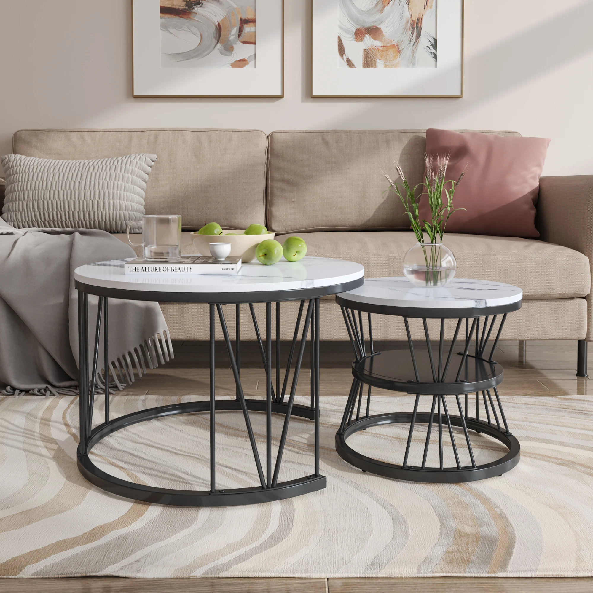 Rosahqnda 2er Set Couchtische 70*45cm, Tisch 45*40cm mit weißer Platte und schwarzer Beinauflage – Detail 9