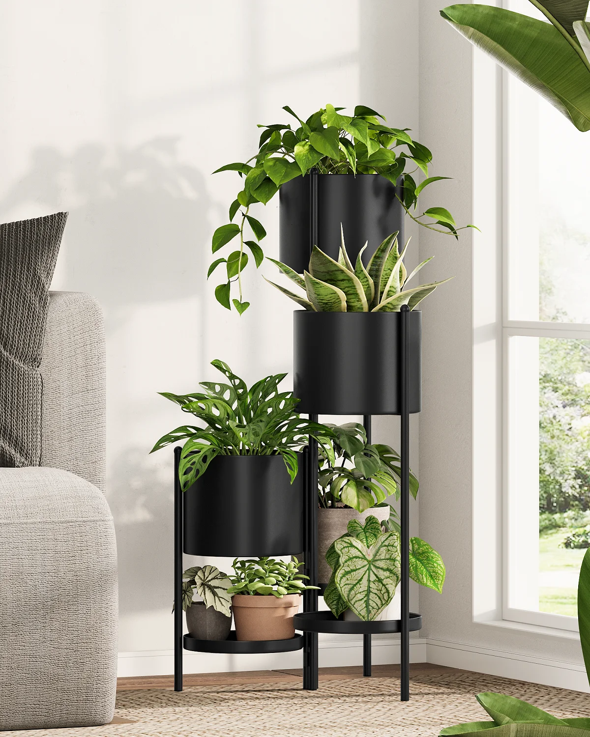 Bamworld 6 Tier Plant Stand Indoor Outdoor Foldable Adjustable Corner Shelf with Pots for Multiple Plants Garden Living Room