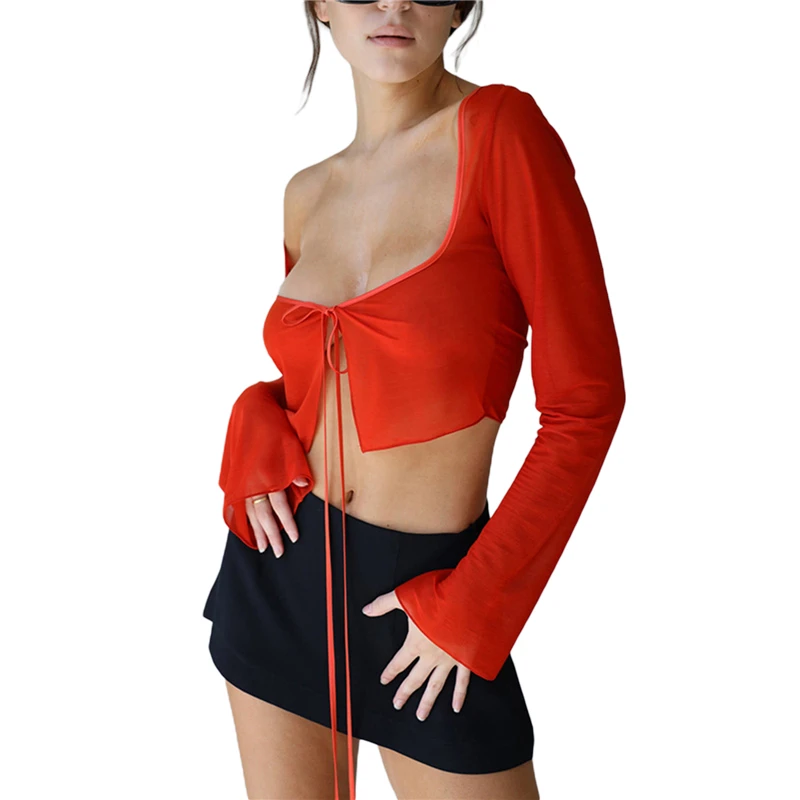 Top corto estético vintage de verano para mujer, camiseta de malla de manga larga con cordones, ropa de vendaje Y2K, camisetas casuales grunge