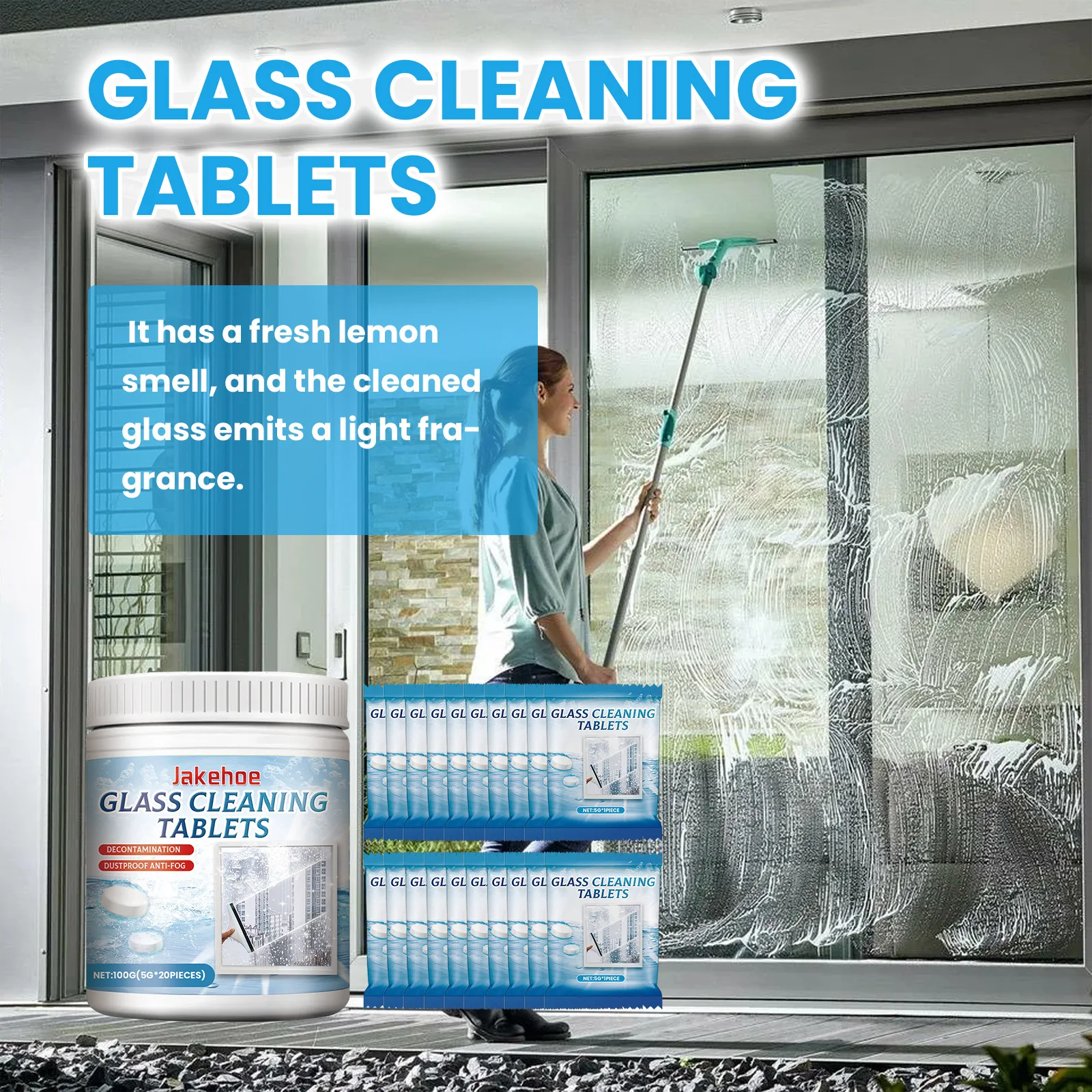 Jakehoe 20pcs Glass Cleanings Tablets Stain Remover Heavy Oil Stain Cleaner Dust Washing  Windscreen Glass Brightening Cleaner