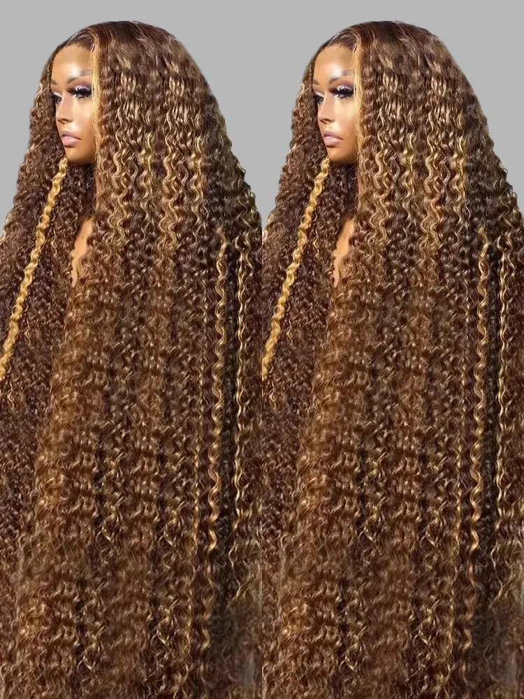 34 Inch Highlight Curly Wave Lace Front Wigs Human Hair 200% Density Deep Curly Human Hair Wig Pre Plucked P4/27 Ombre Lace Frontal Wigs With Baby Hair For Women 1