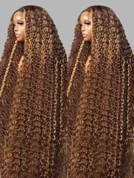 34 Inch Highlight Curly Wave Lace Front Wigs Human Hair 200% Density Deep Curly Human Hair Wig Pre Plucked P4/27 Ombre Lace Frontal Wigs With Baby Hair For Women 1