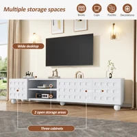 Белая подставка под телевизор 200 см для 80-дюймового телевизора, низкая панель с 3 печатными дверцами. Современная медиаконсоль с 5 прочными ножками, 200x40x44 см. — изображение 3