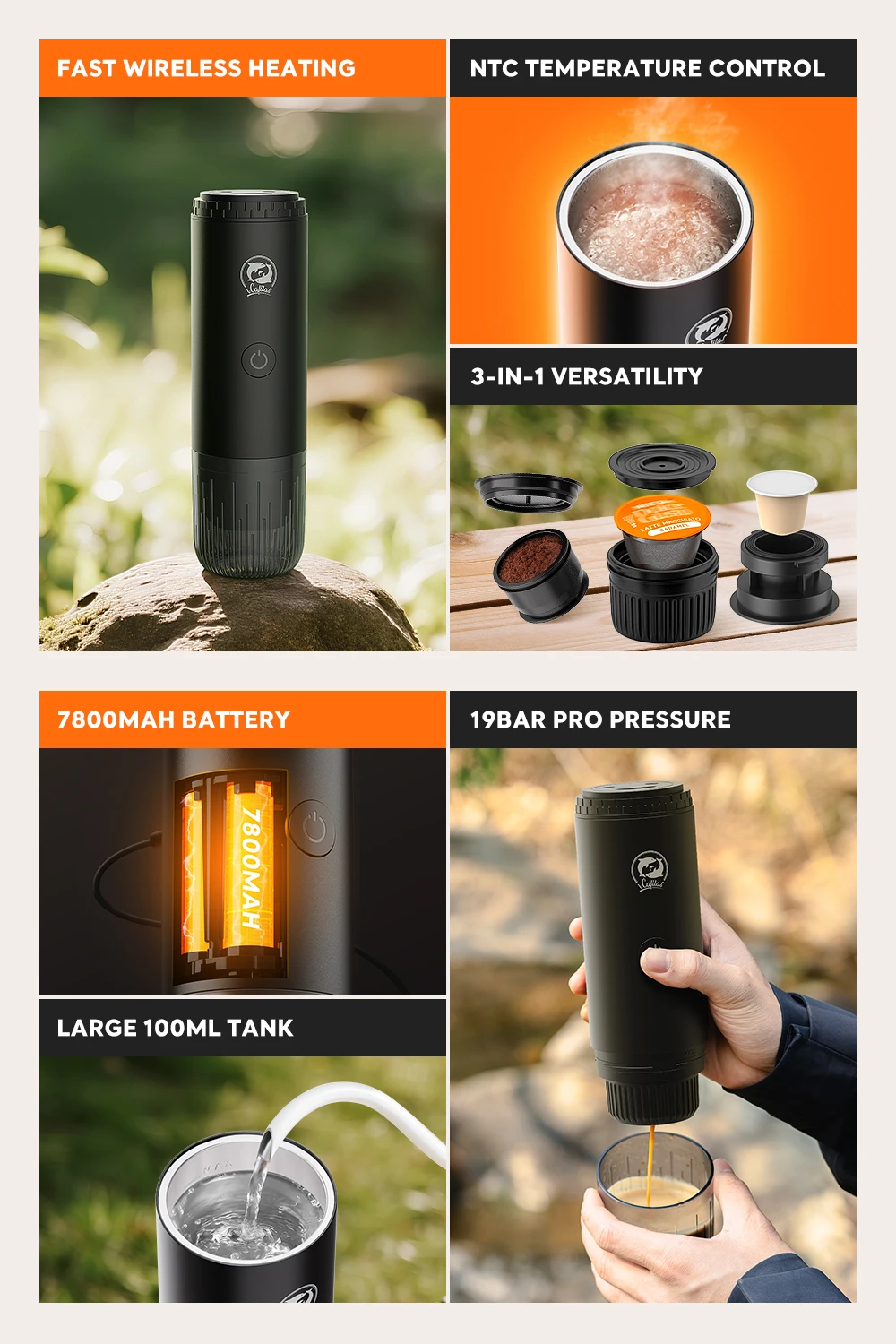 Description Picture 3 of itemPortable Espresso Coffee Maker 7800mAh 19Bar Pressure/Cold Brew/Heating Compatible With Capsules/Powder/USB-C Recharge