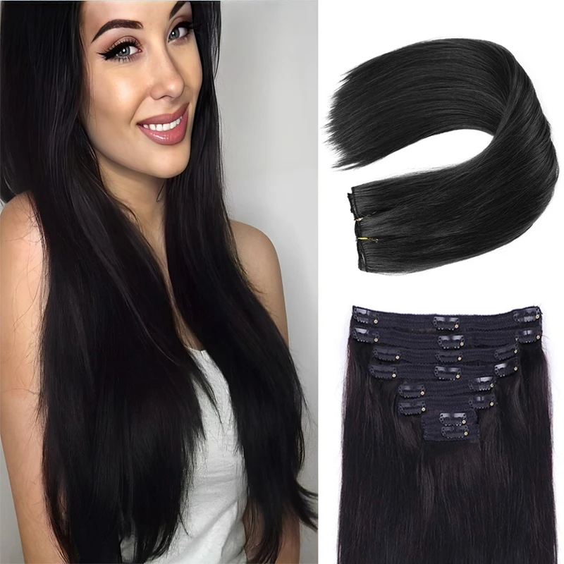 Hair extensions Clip in real human hair Remy for women natural straight 1B natural black
