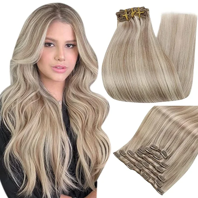 Full Shine Clip In Human Hair Extensions Balayage Ombre Blonde Black Hairpins 7pcs 120g Double Weft 100% Machine Remy For Woman 18p613