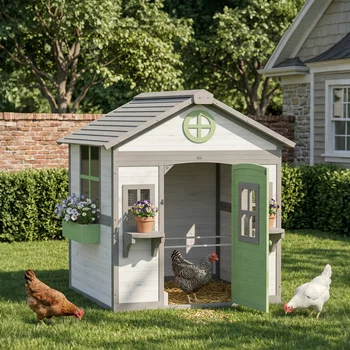 PawHut Chicken Coop, Wooden Hen House Outdoor Playhouse for 2-4 Chickens, Poultry Cage with Planter Pots and Boxes 1