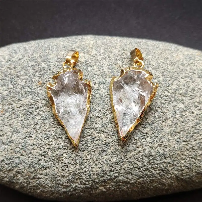 FUWO Wholesale Natural Clear Quartz Arrowhead Pendant,Golden Plated Hand Carved Crystal Accessories For Jewelry Make 5Pcs PD168 4