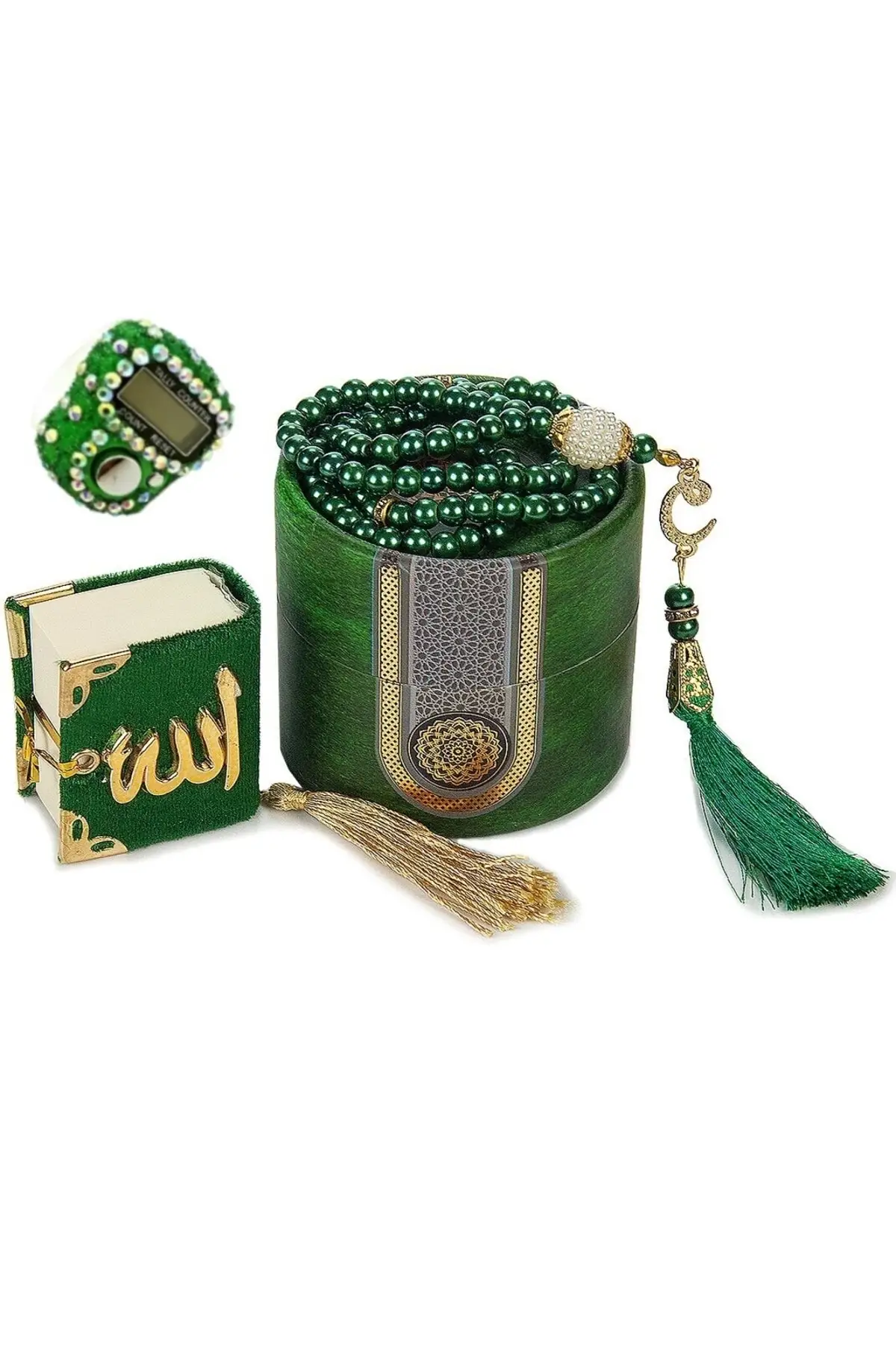 Mini Cylinder Box Mevlit Gift Set Green (mini Quran with Pearl Rosary 99 stone Zikirmak) pu leather bags for rosary necklace white religion jewelry pouch with cross gift packaging buckle bag jewelry storage pouches