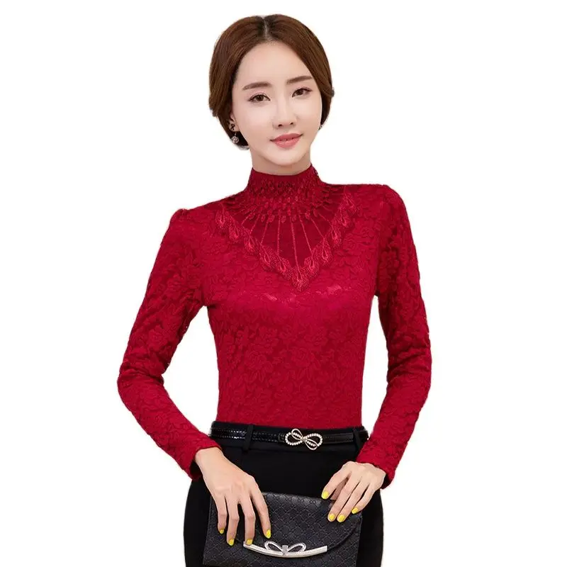 

Lenshin Lace Top for Women Fleece Lined Blouse Keep Warn Flexible Shirt Rose Pattern Type Fashion Style Stand Collar Winter Wear