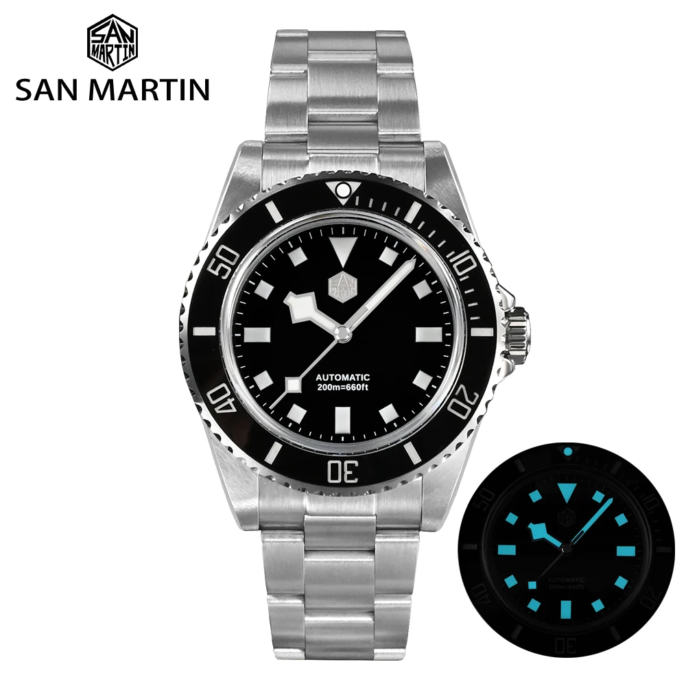San Martin New 40mm Vintage Diver Men Watch PT5000 Classic Luxury Sapphire Automatic Mechanical Female End Links 20Bar Luminous 1