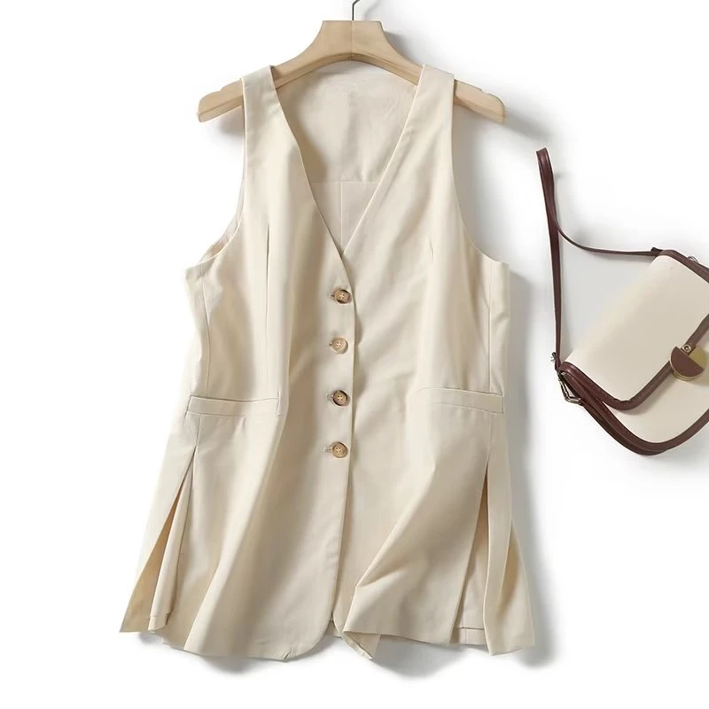 Dave&Di French Simple Ladies Single  Vest FashionBreasted Color  Beige Sleeveless Blazers Women Tops