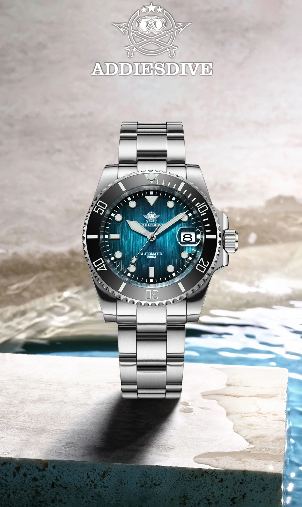 ADDIESDIVE AD2078 reloj buceo automático cristal zafiro BGW9 azul"