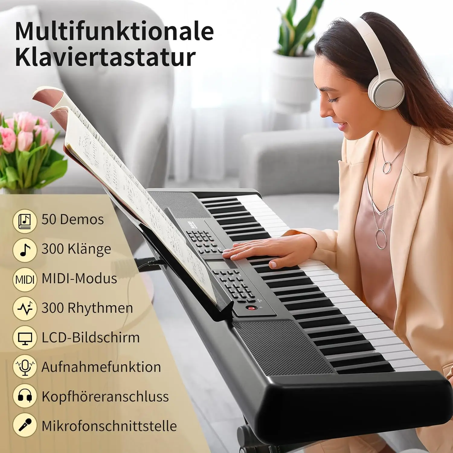 Klaviertastatur 61-Tasten, mit E-Klavier-Aufnahme- und Programmierfunktion, Digitalpiano, E-Piano mit Lautsprechern