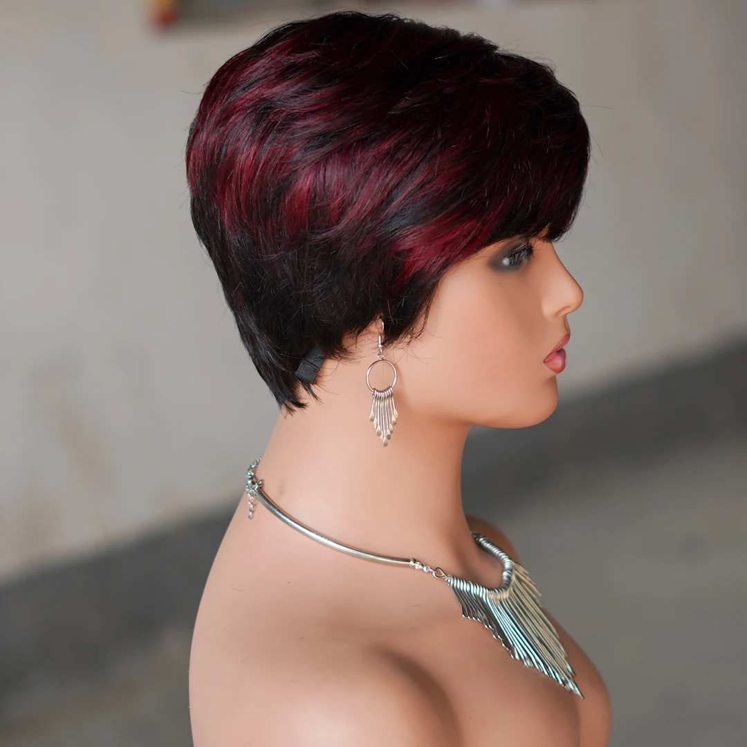 Short Pixie Cut Brazilian Remy Human Hair Wigs Glueless Straight Hair Color Full Machine Made Bob Wig With Bangs