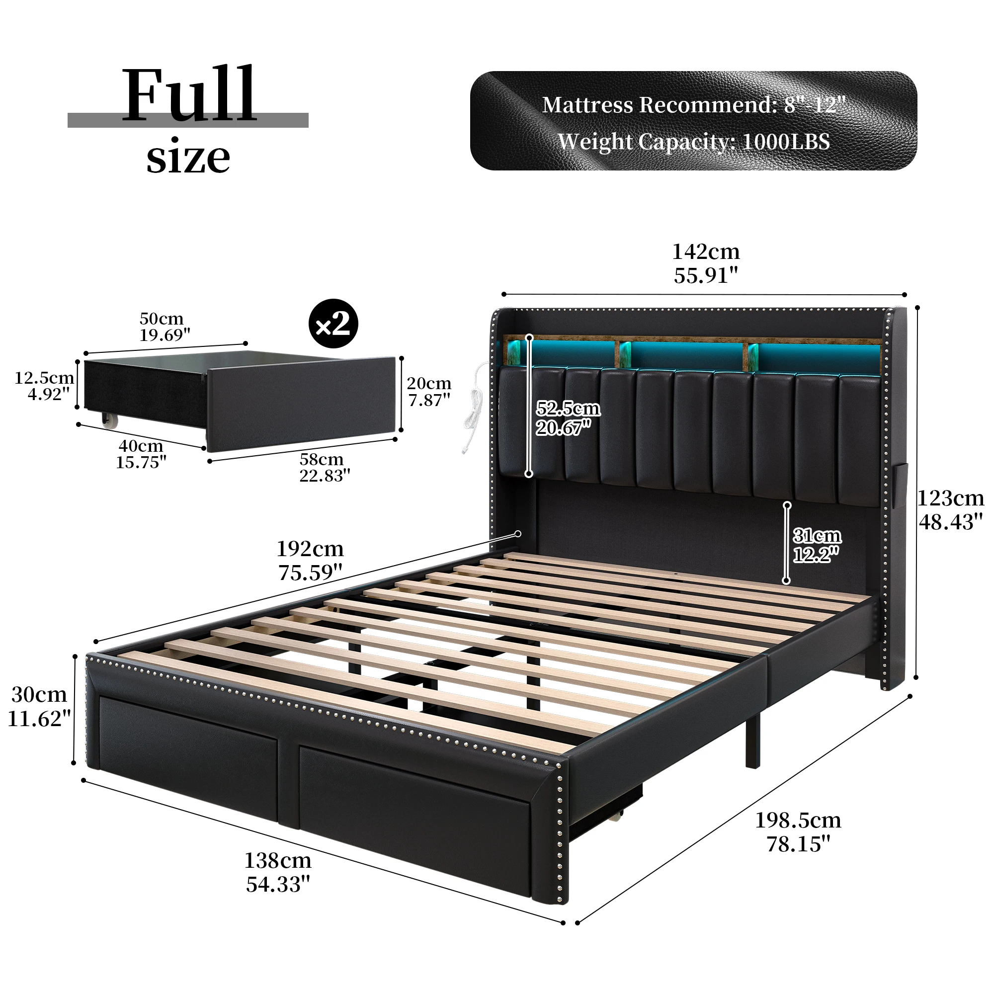 SIBEDS Queen LED Bed Frame with Storage Drawers, Upholstered Platform Bed with 2-Tier Wingback Headboard, No Box Spring Needed